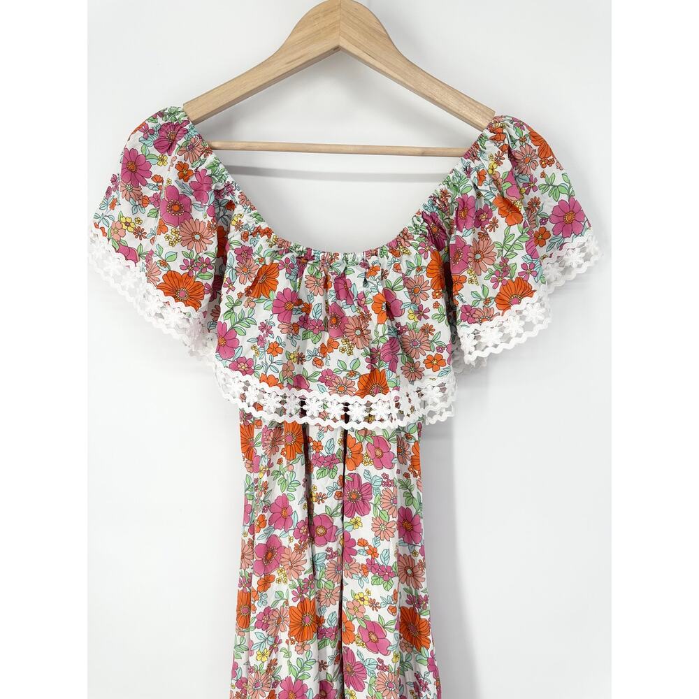 Miss June Rayan Off The Shoulder Floral Lace Ruffle Maxi Midi Dress Boho Pink - Picture 9 of 12